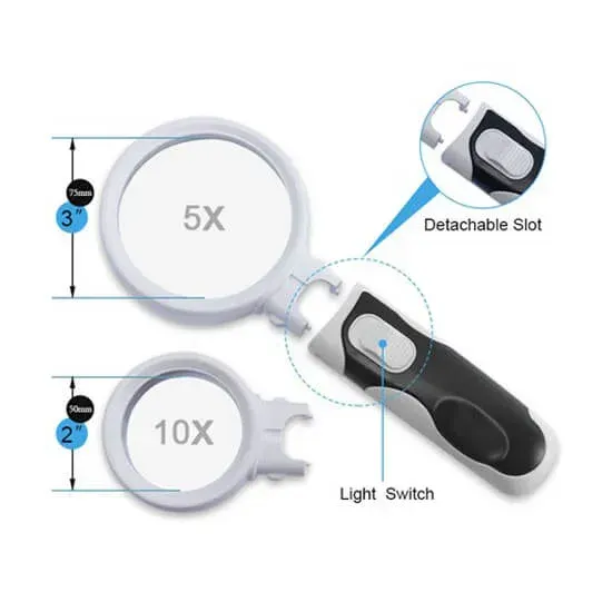 Interchangeable Magnifying Glass 2.5x, 5x & 16x With 2 LED Bulb